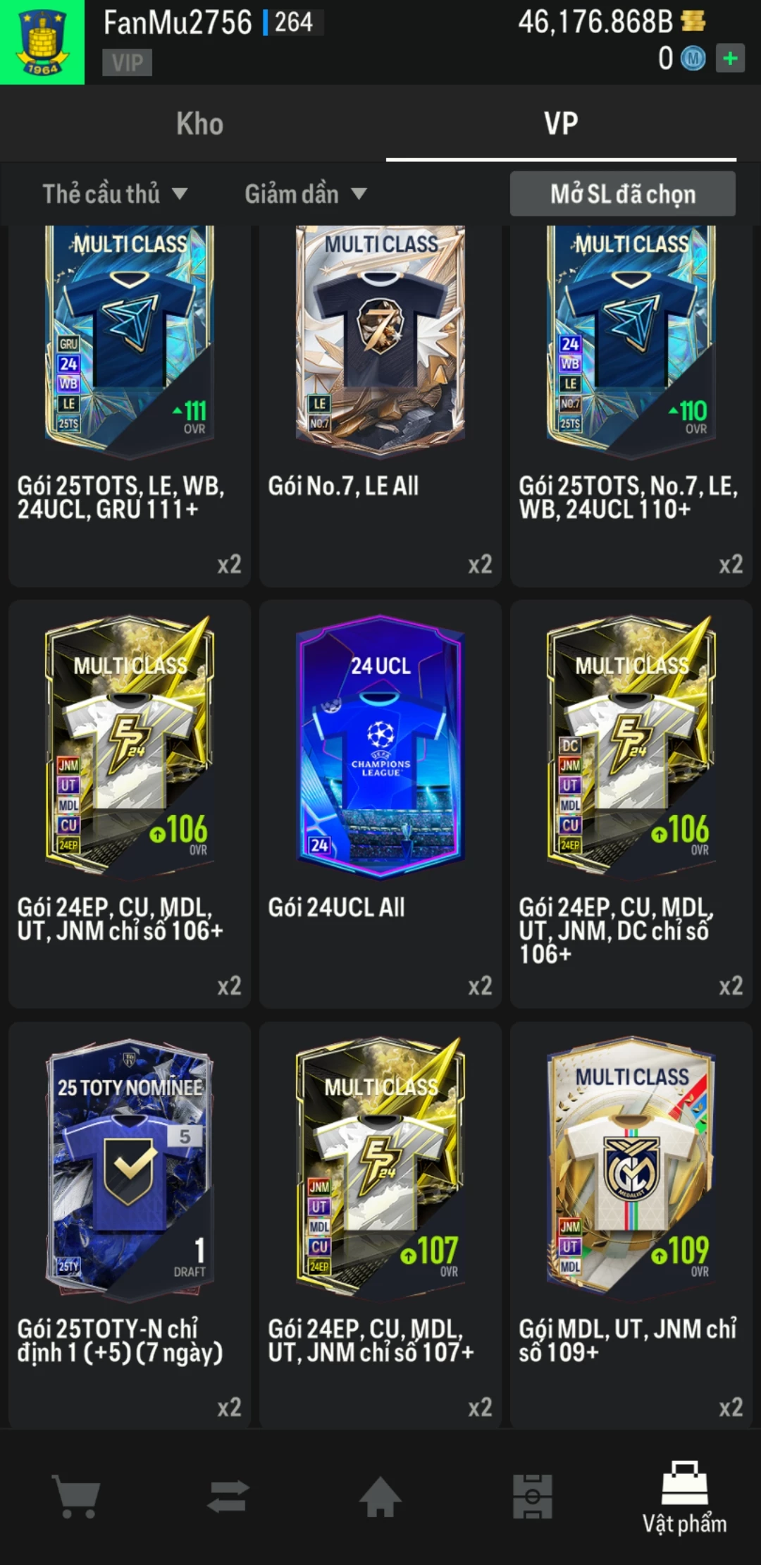 Ảnh ACC mở thẻ (LOẠI SVIP PROMAX) bao gồm có thẻ +12, thẻ Prime (có QH, CP, XS) và 1500+ đến 2000+ thẻ cầu thủ từ Siêu sao đến Miền núi các loại khác. Có sẵn BP trắng trong acc từ 40.000 tỷ BP đến 46.000 tỷ BP kèm theo nhiều ngày SVIP